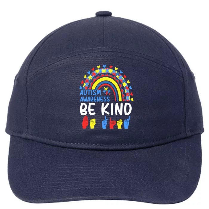 Be Kind Sign Language Autism Awareness Puzzle Piece Rainbow Gift 7-Panel Snapback Hat