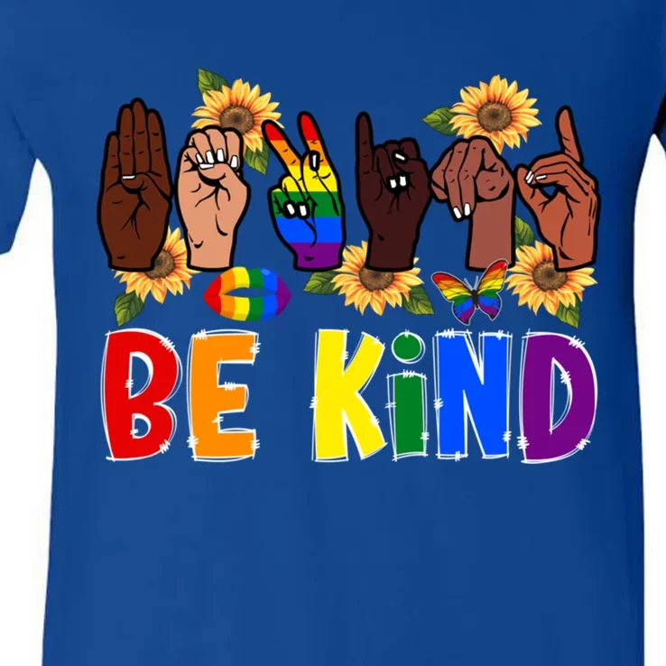 Be Kind Sign Language Hand Lgbt Pride Month Gay Rainbow Gift V-Neck T-Shirt