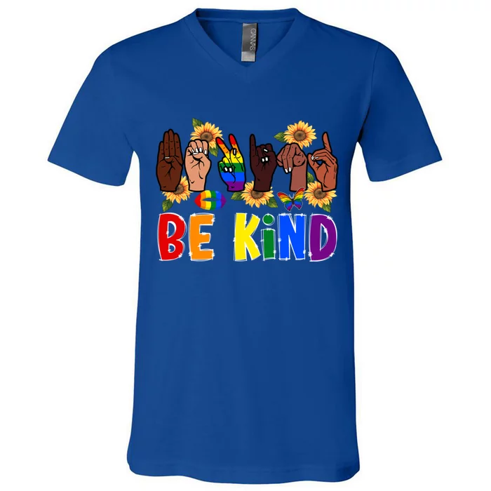 Be Kind Sign Language Hand Lgbt Pride Month Gay Rainbow Gift V-Neck T-Shirt