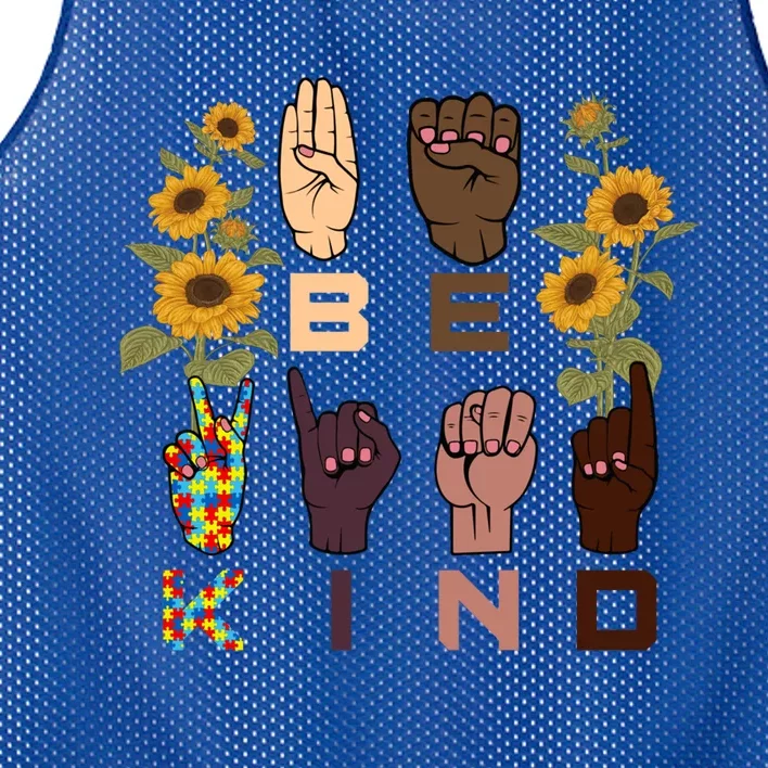 Be Kind Sign Language Hand Sunflower Autism Awareness Day Gift Mesh Reversible Basketball Jersey Tank