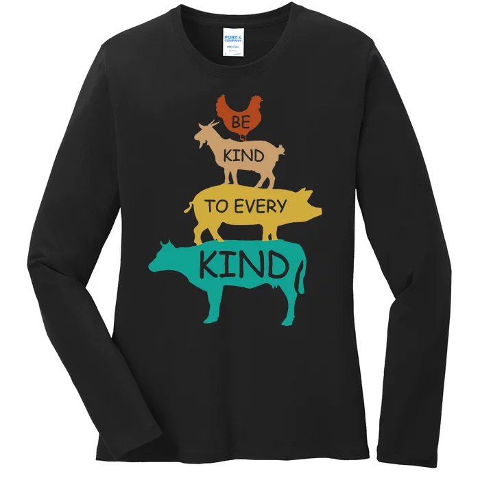 Be Kind To Every Kind Retro Vintage Funny Vegetarian Vegan Ladies Long Sleeve Shirt