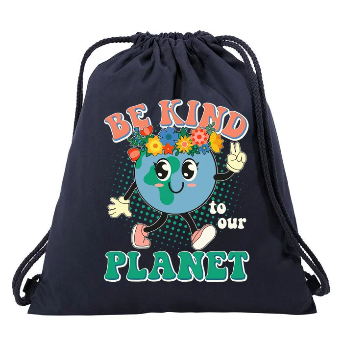 Be Kind To Our Planet Cute Retro Hippie Earth Drawstring Bag