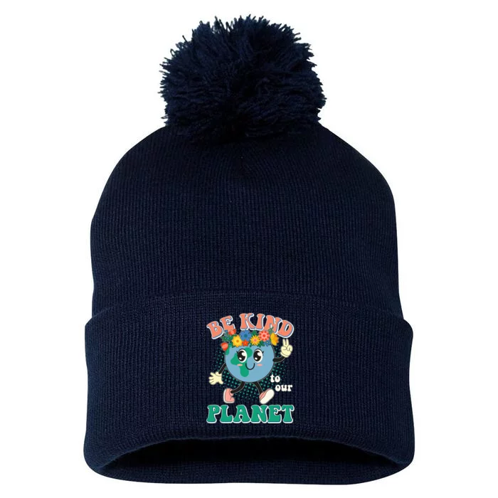 Be Kind To Our Planet Cute Retro Hippie Earth Pom Pom 12in Knit Beanie