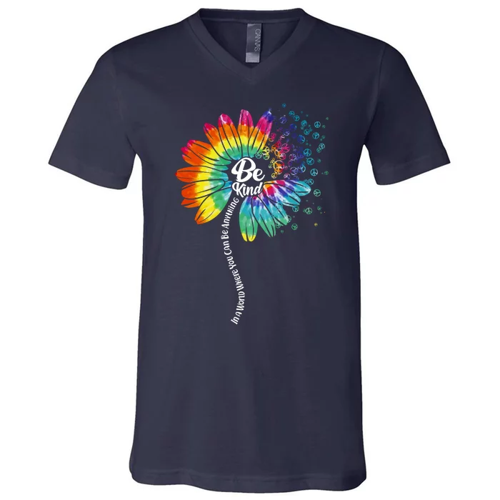 Be Kind Tie Dye Peace Flower V-Neck T-Shirt