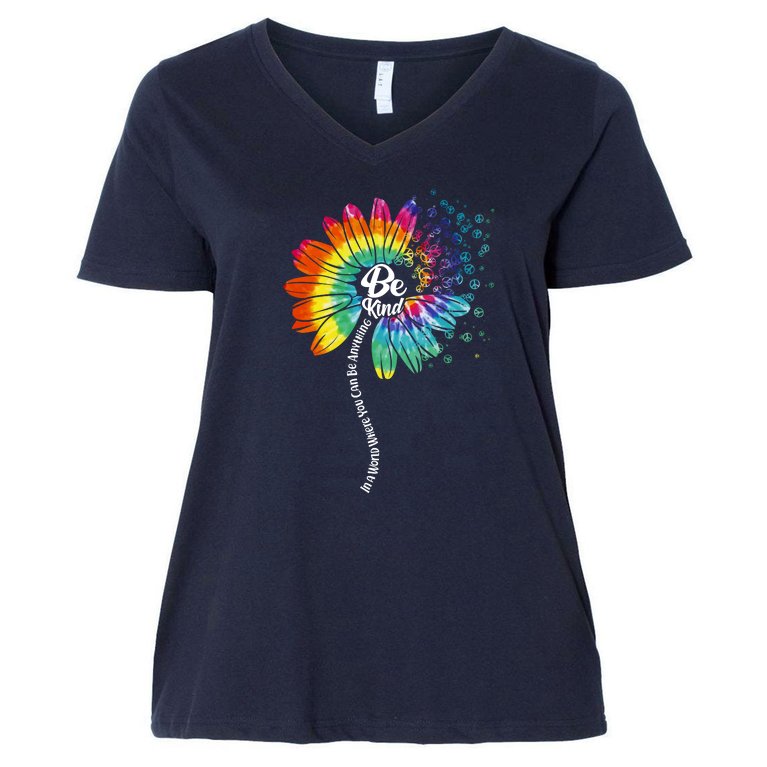 Be Kind Tie Dye Peace Flower Women's V-Neck Plus Size T-Shirt