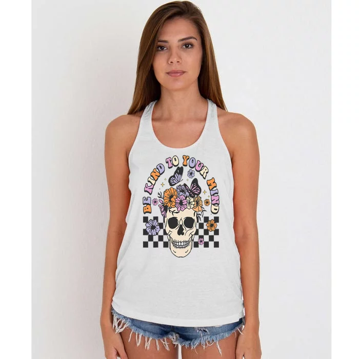 Be Kind To Your Mind Retro Floral Skull Mental illness Women's Knotted Racerback Tank