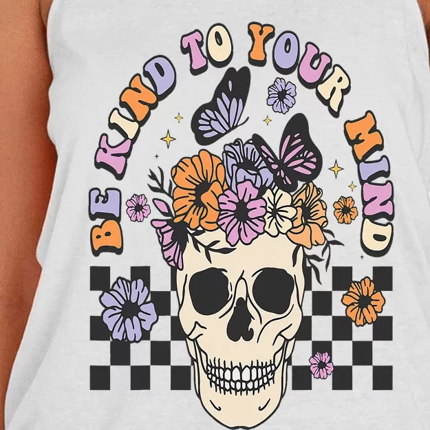 Be Kind To Your Mind Retro Floral Skull Mental illness Women's Knotted Racerback Tank