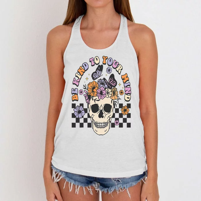 Be Kind To Your Mind Retro Floral Skull Mental illness Women's Knotted Racerback Tank