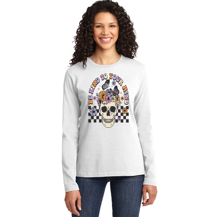 Be Kind To Your Mind Retro Floral Skull Mental illness Ladies Long Sleeve Shirt