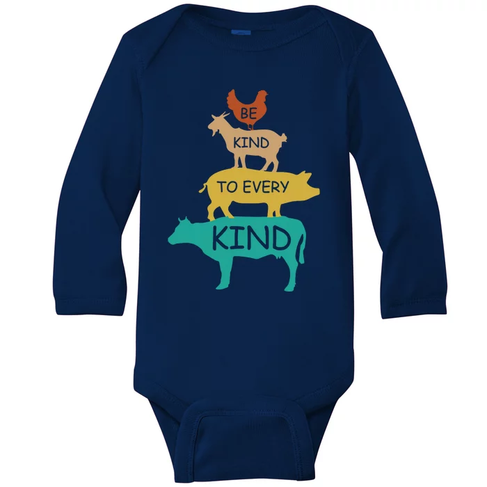 Be Kind To Every Kind Retro Vintage Funny Vegetarian Vegan Baby Long Sleeve Bodysuit