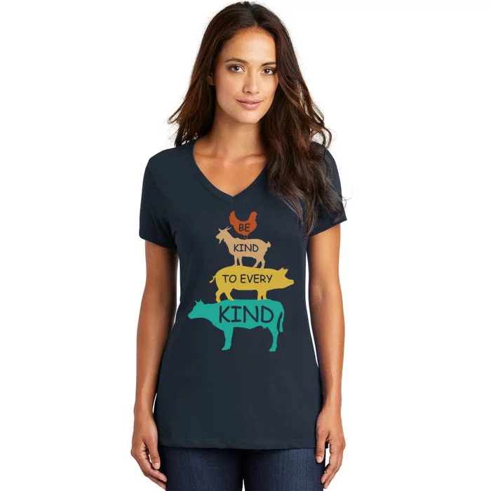 Be Kind To Every Kind Retro Vintage Funny Vegetarian Vegan Women's V-Neck T-Shirt