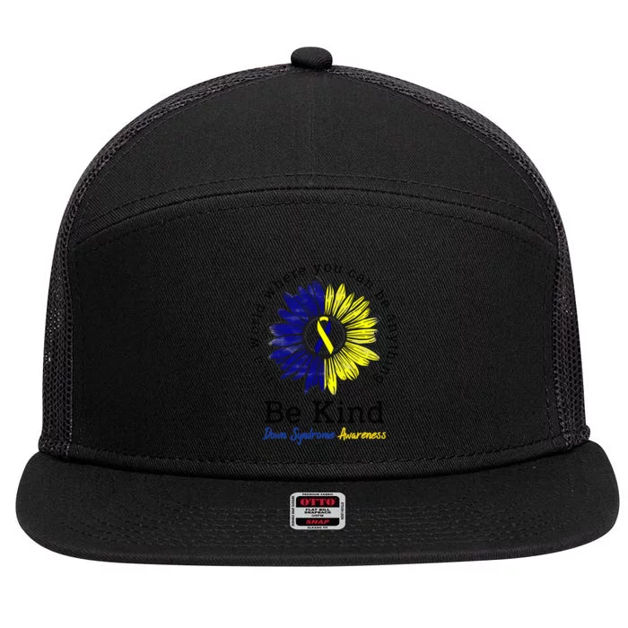 Be Kind World Down Syndrome Day Awareness Ribbon Sunflower 7 Panel Mesh Trucker Snapback Hat