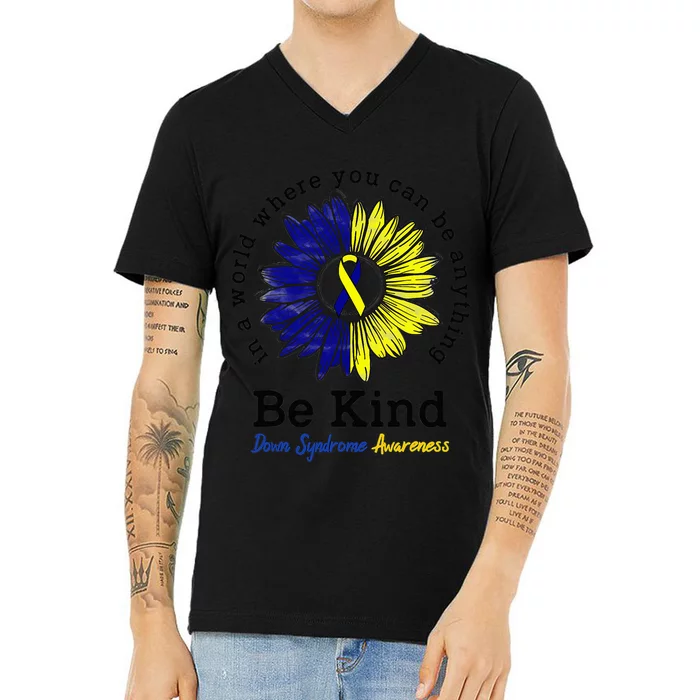 Be Kind World Down Syndrome Day Awareness Ribbon Sunflower V-Neck T-Shirt