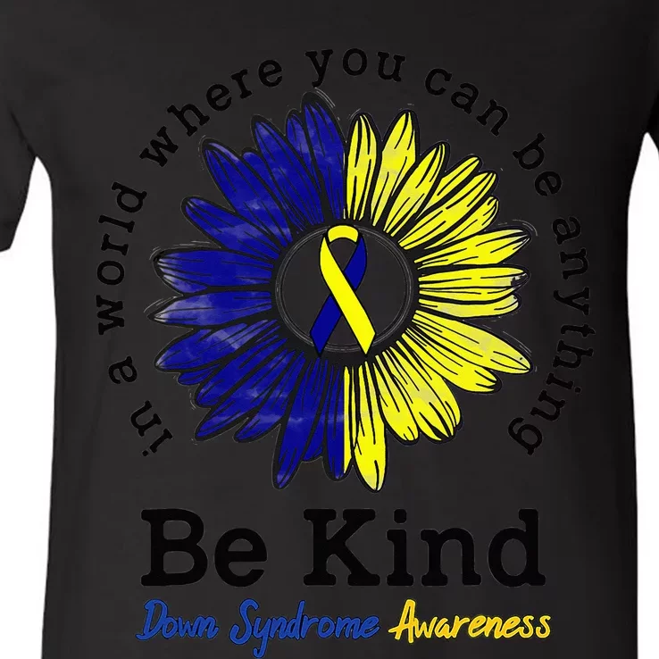 Be Kind World Down Syndrome Day Awareness Ribbon Sunflower V-Neck T-Shirt