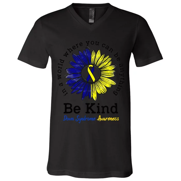 Be Kind World Down Syndrome Day Awareness Ribbon Sunflower V-Neck T-Shirt