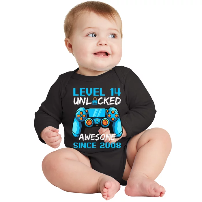 Birthday Level 14 Unlocked Awesome Since 2008 Baby Long Sleeve Bodysuit