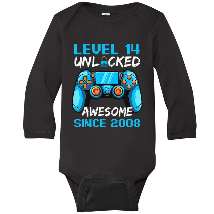 Birthday Level 14 Unlocked Awesome Since 2008 Baby Long Sleeve Bodysuit