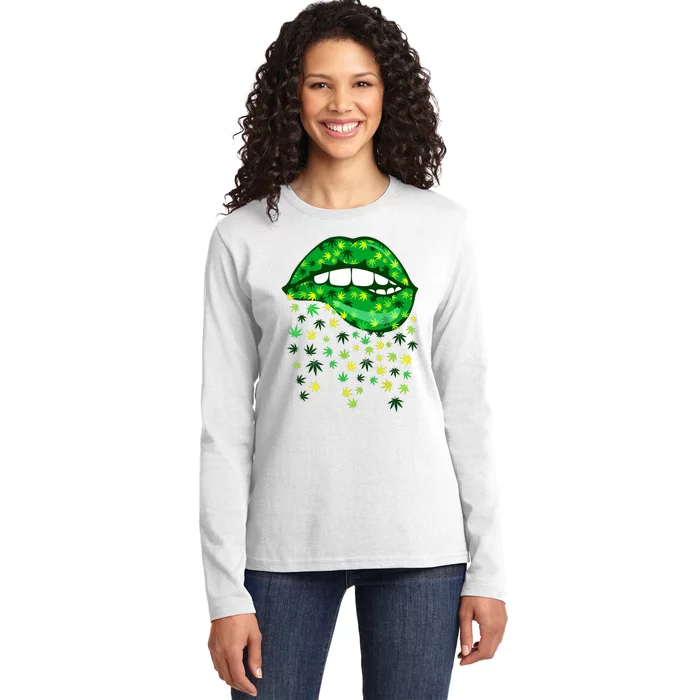 Biting Lips 420 Weed Cannabis Marijuana Stoner Gift Ladies Long Sleeve Shirt