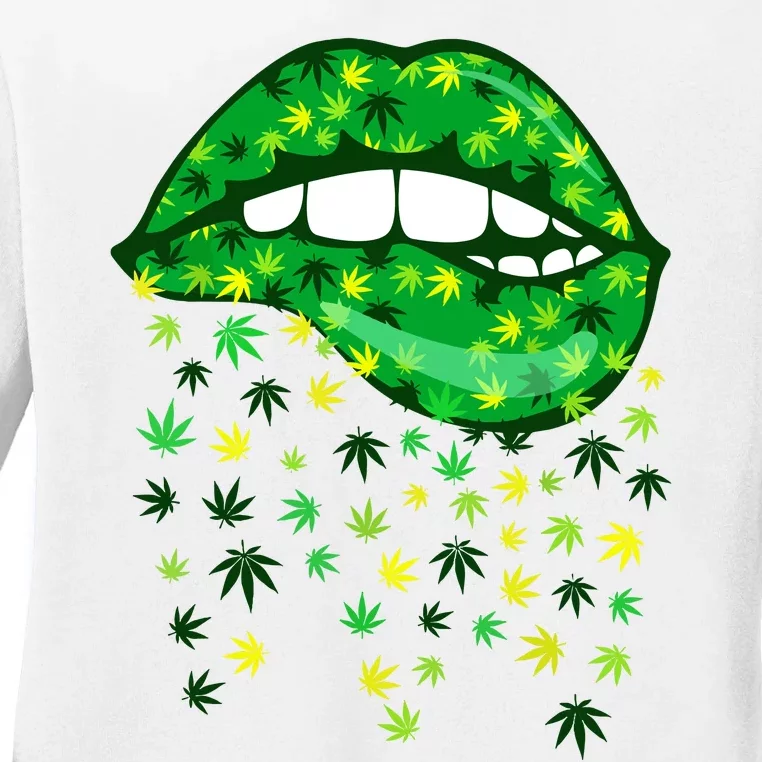 Biting Lips 420 Weed Cannabis Marijuana Stoner Gift Ladies Long Sleeve Shirt