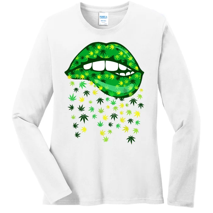 Biting Lips 420 Weed Cannabis Marijuana Stoner Gift Ladies Long Sleeve Shirt