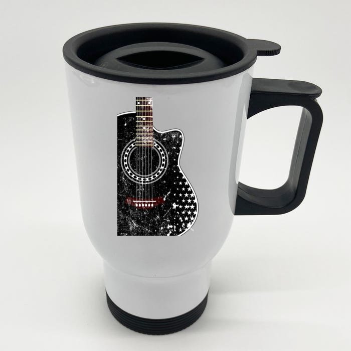 Black Acoustic Guitar Grunge Front & Back Stainless Steel Travel Mug