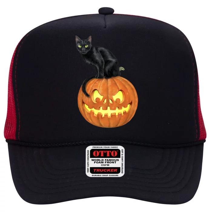 Black Cat Jack O' Lantern Pumpkin High Crown Mesh Trucker Hat