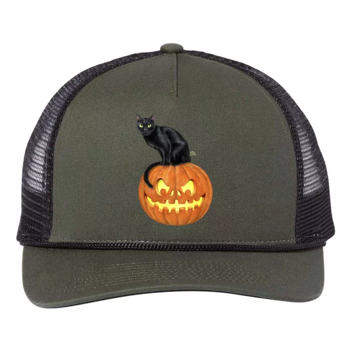 Black Cat Jack O' Lantern Pumpkin Retro Rope Trucker Hat Cap