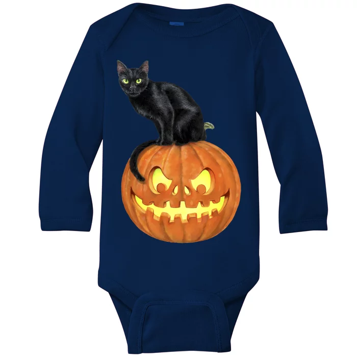 Black Cat Jack O' Lantern Pumpkin Baby Long Sleeve Bodysuit