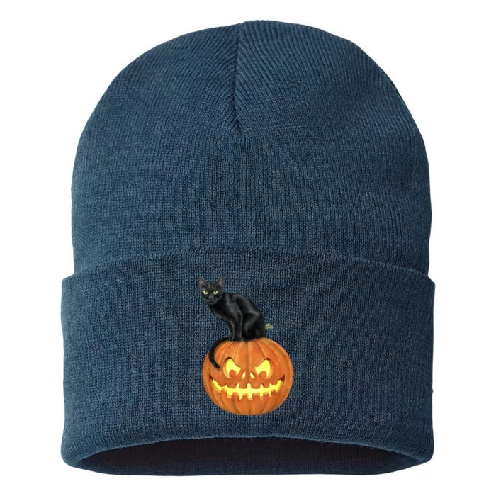 Black Cat Jack O' Lantern Pumpkin Sustainable Knit Beanie