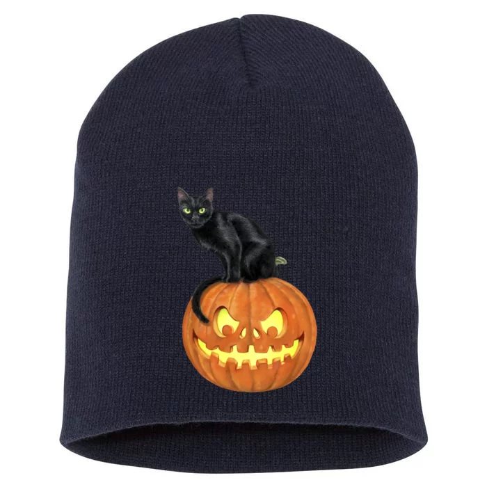 Black Cat Jack O' Lantern Pumpkin Short Acrylic Beanie