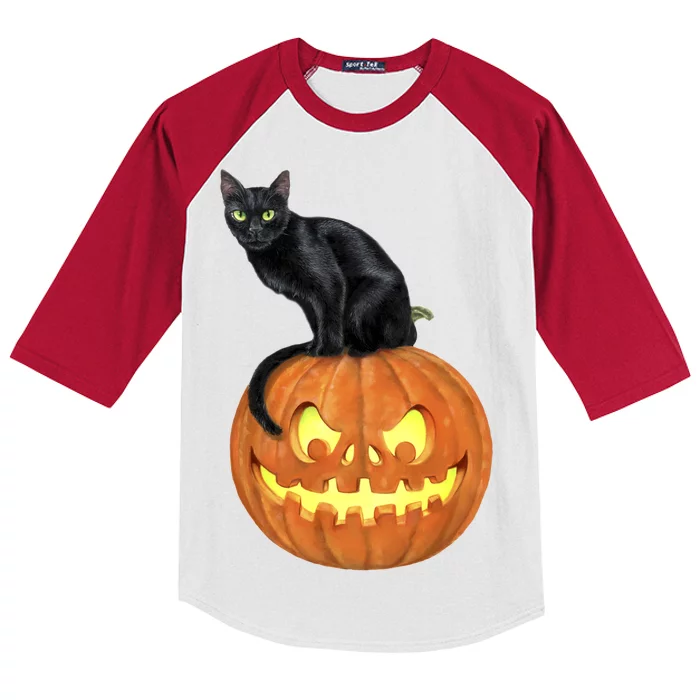 Black Cat Jack O' Lantern Pumpkin Kids Colorblock Raglan Jersey