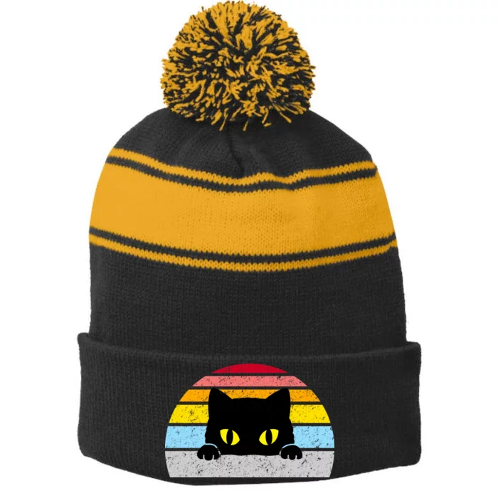 Black Cat Peaking Vintage Stripe Pom Pom Beanie