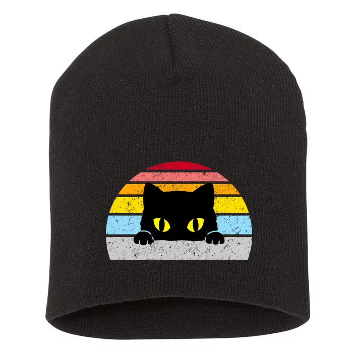 Black Cat Peaking Vintage Short Acrylic Beanie