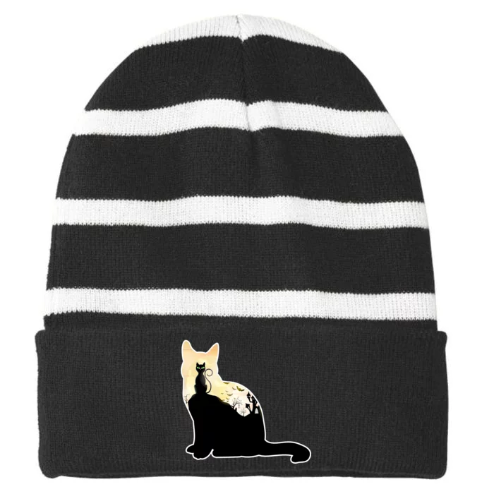 Black Cat Spooky Town Striped Beanie with Solid Band