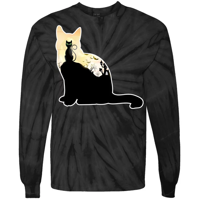 Black Cat Spooky Town Tie-Dye Long Sleeve Shirt