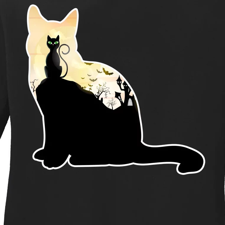 Black Cat Spooky Town Ladies Long Sleeve Shirt