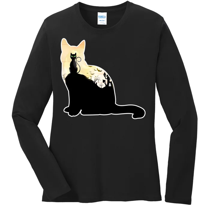 Black Cat Spooky Town Ladies Long Sleeve Shirt