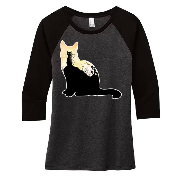 Black Cat Spooky Town Women's Tri-Blend 3/4-Sleeve Raglan Shirt