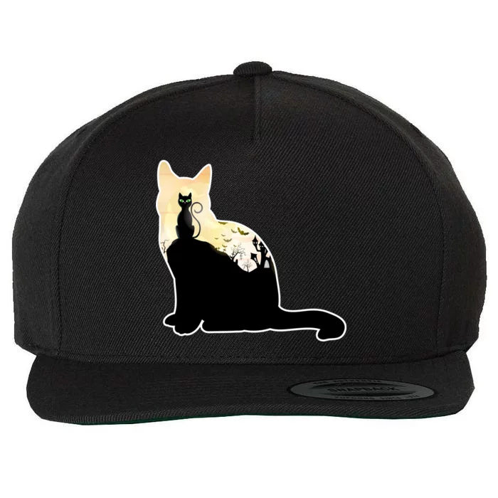 Black Cat Spooky Town Wool Snapback Cap