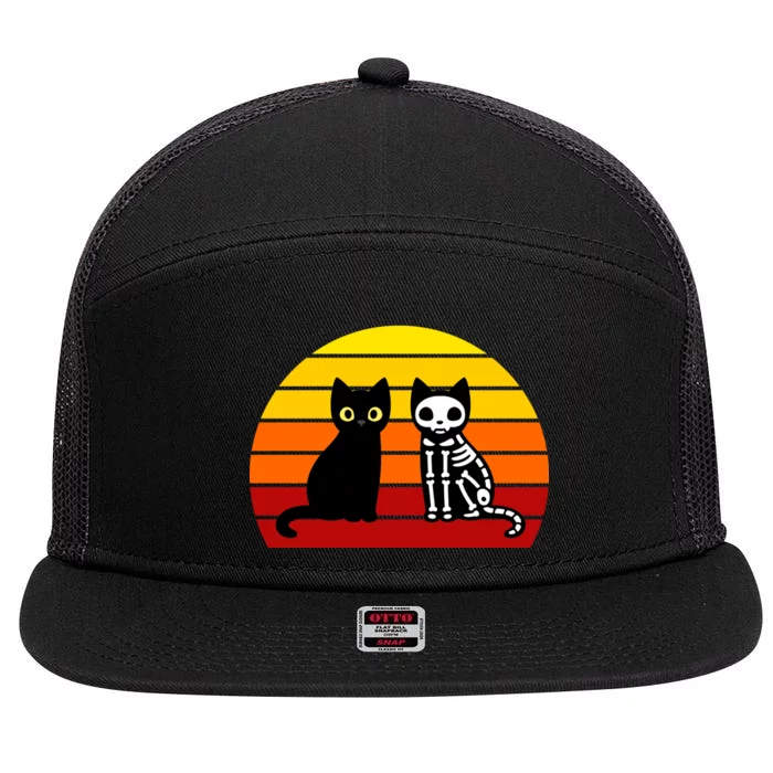 Black Cat Sunset Skeleton 7 Panel Mesh Trucker Snapback Hat