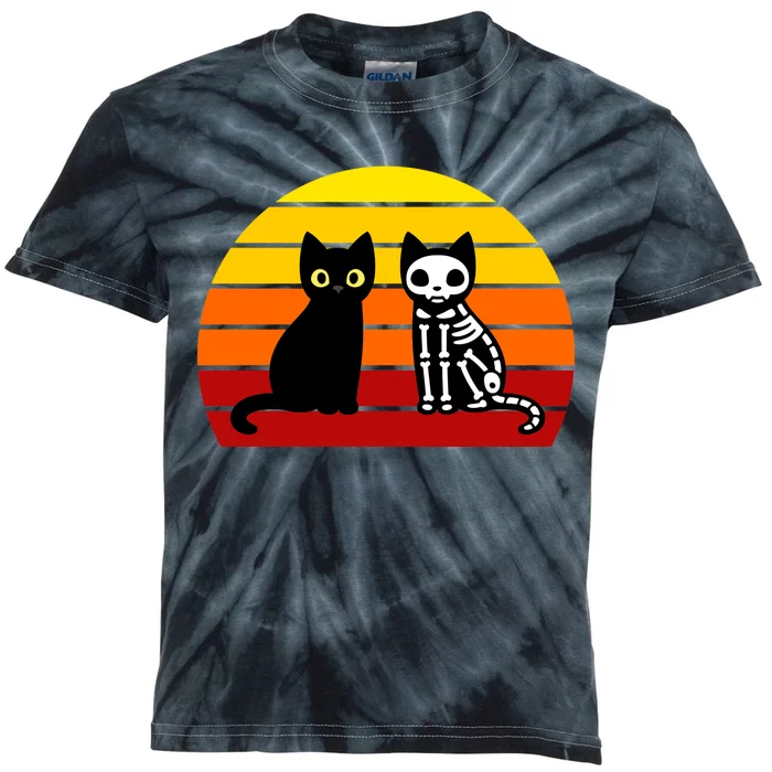 Black Cat Sunset Skeleton Kids Tie-Dye T-Shirt