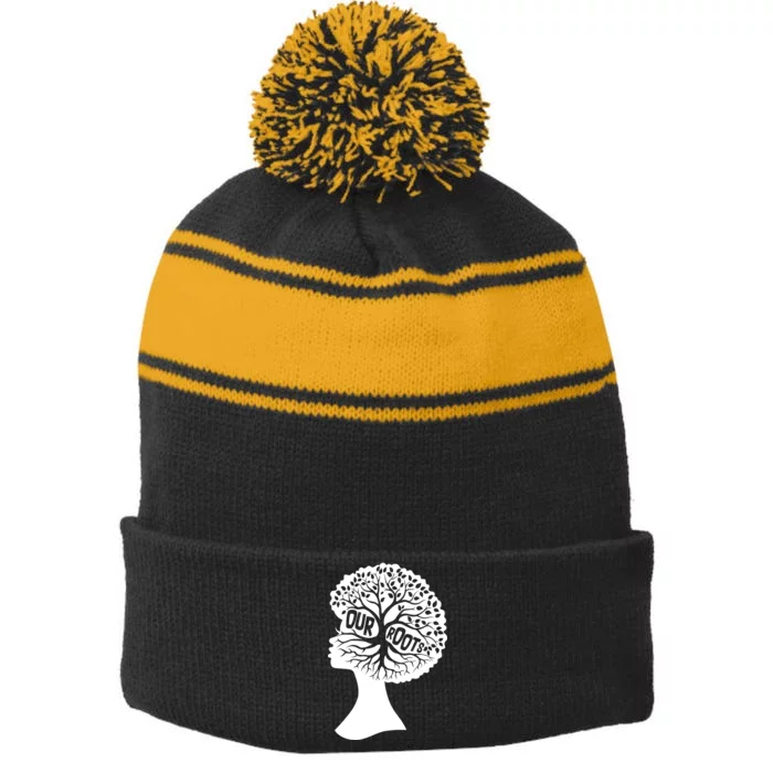 Black History Our Roots Woman Profile Stripe Pom Pom Beanie