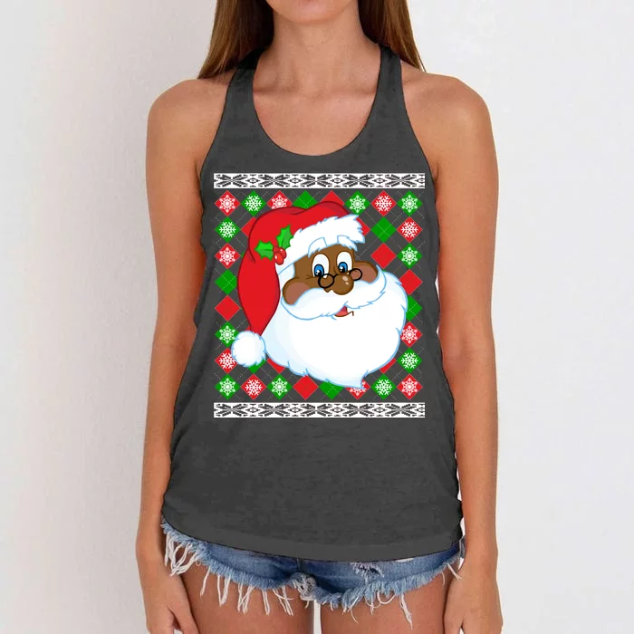 Black Santa Claus Ugly Christmas Sweater Women's Knotted Racerback Tank