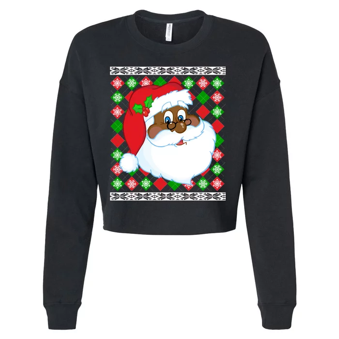 Black Santa Claus Ugly Christmas Sweater Cropped Pullover Crew