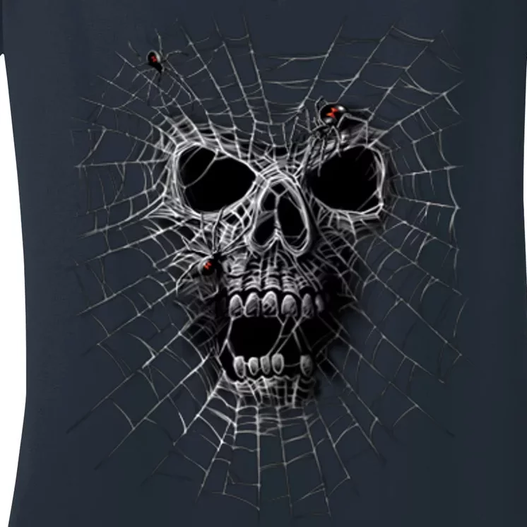 Black Widow Spider Web Skull Women's V-Neck T-Shirt