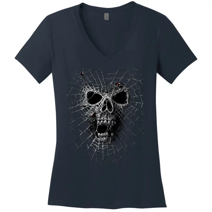 Black Widow Spider Web Skull Women's V-Neck T-Shirt