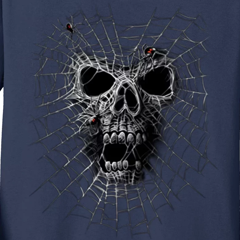 Black Widow Spider Web Skull Kids Long Sleeve Shirt