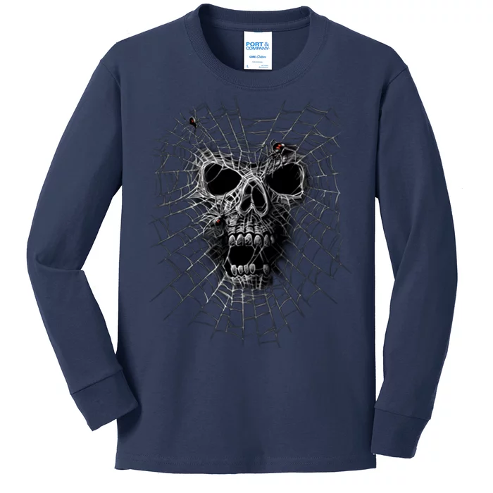 Black Widow Spider Web Skull Kids Long Sleeve Shirt