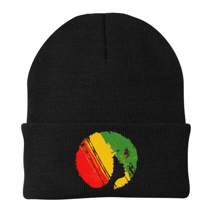 Black Woman with African Colors Afro Hairstyle Knit Cap Winter Beanie