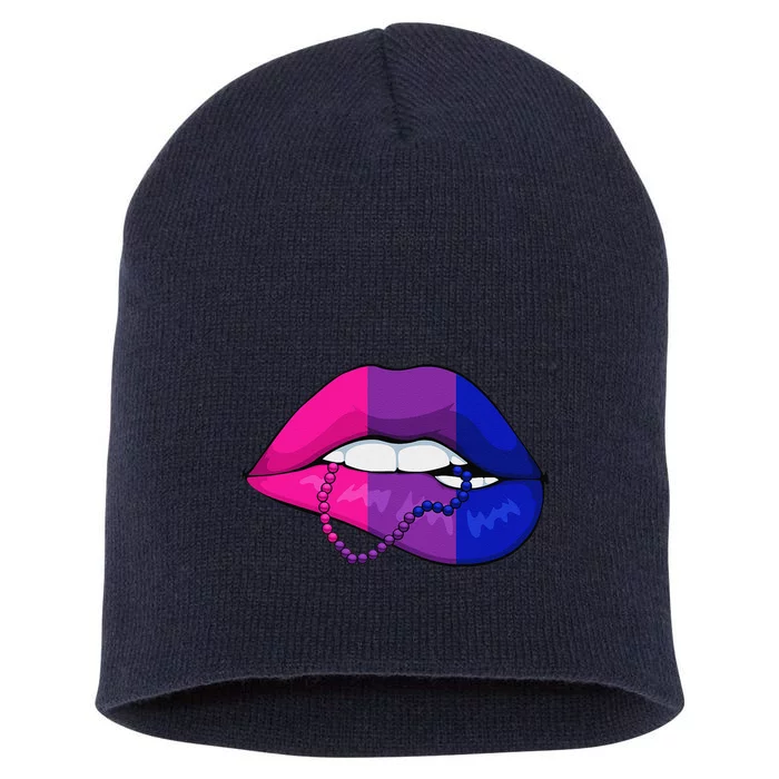 Bisexual Lip Biting Lgbtq Cool Subtle Bi Pride Flag Colors Short Acrylic Beanie